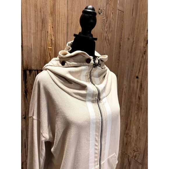 Roque Italy Womens Zip-Up Long Cardigan W/ Removable Hood Pale Pink White Stripe - Picture 2 of 8